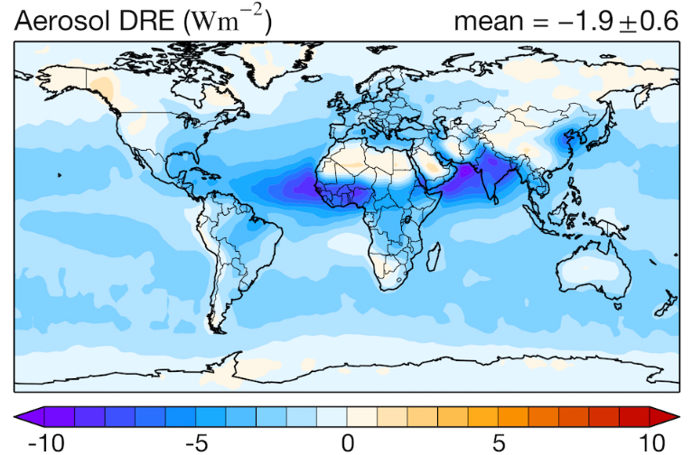 Figure displaying global aerosol direct radiative effect (DRE) from CloudSat's 2B-FLX-LIDAR product