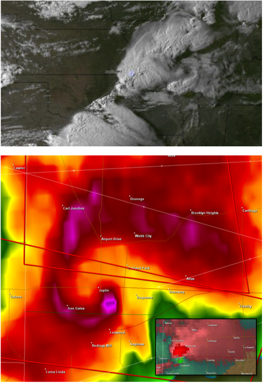 Satellite imagery (top: visible; bottom: radar) of the 2011 Joplin, MO tornado